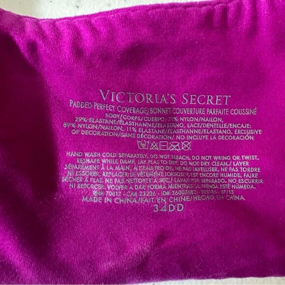 Victoria' Secret‎ Padded Perfect Coverage Bra Size 34DD Raspberry - Picture 7 of 9